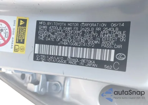 2014 Lexus Es 350 from USA, damaged, VIN JTHBK1GG8E2141372